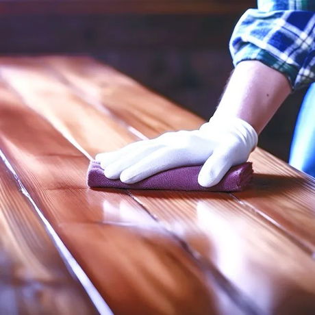 A hand applying stain to wood
