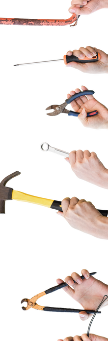 a variety of hands holding tools facing to the left